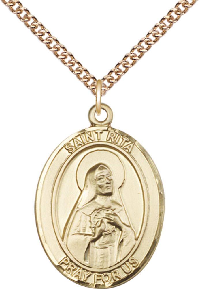 14kt Gold Filled Saint Rita of Cascia Pendant on a 24 inch Gold Filled Heavy Curb chain