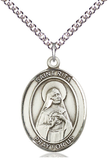 Sterling Silver Saint Rita of Cascia Pendant on a 24 inch Sterling Silver Heavy Curb chain