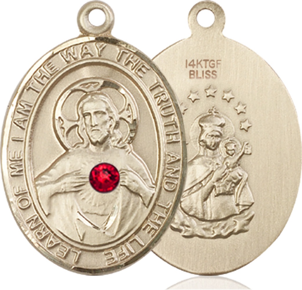 14kt Gold Filled Scapular - Ruby Stone Medal with a 3mm Ruby Swarovski stone