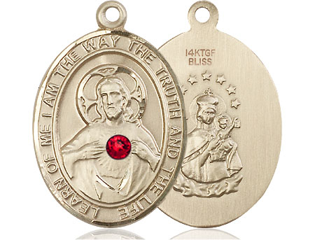 14kt Gold Filled Scapular - Ruby Stone Medal with a 3mm Ruby Swarovski stone