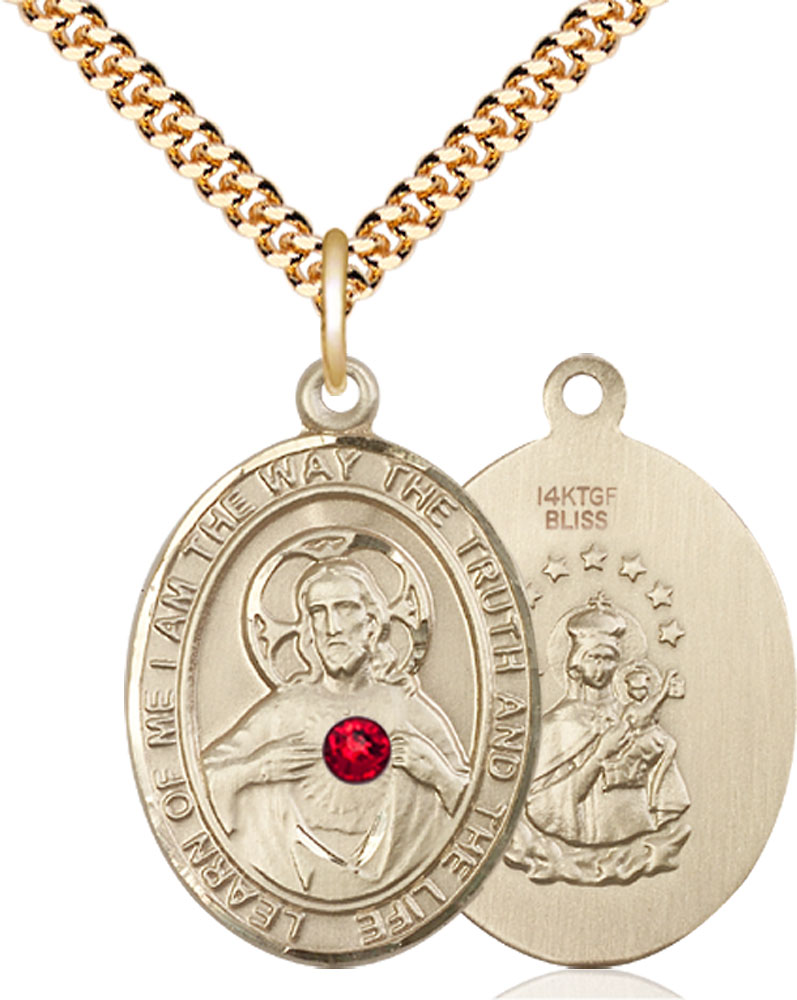 14kt Gold Filled Scapular - Ruby Stone Pendant with a 3mm Ruby Swarovski stone on a 24 inch Gold Plate Heavy Curb chain