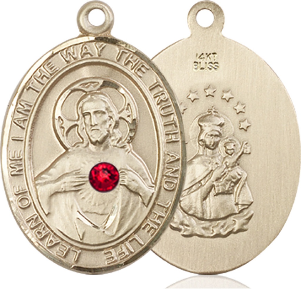 14kt Gold Scapular - Ruby Stone Medal with a 3mm Ruby Swarovski stone