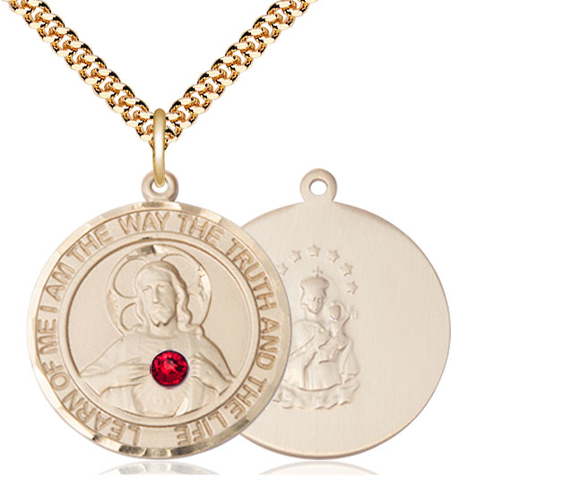 14kt Gold Filled Scapular - Ruby Stone Pendant with a 3mm Ruby Swarovski stone on a 24 inch Gold Plate Heavy Curb chain