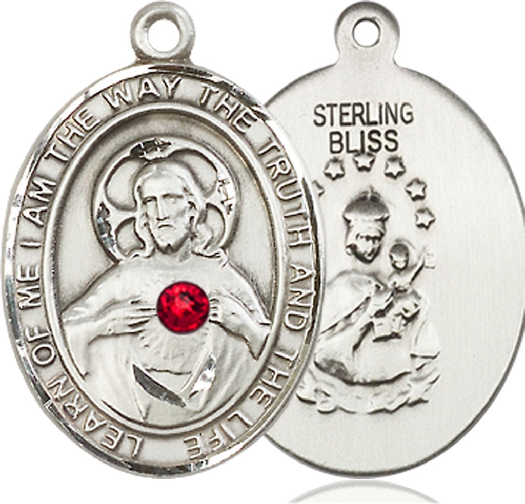 Sterling Silver Scapular - Ruby Stone Medal with a 3mm Ruby Swarovski stone
