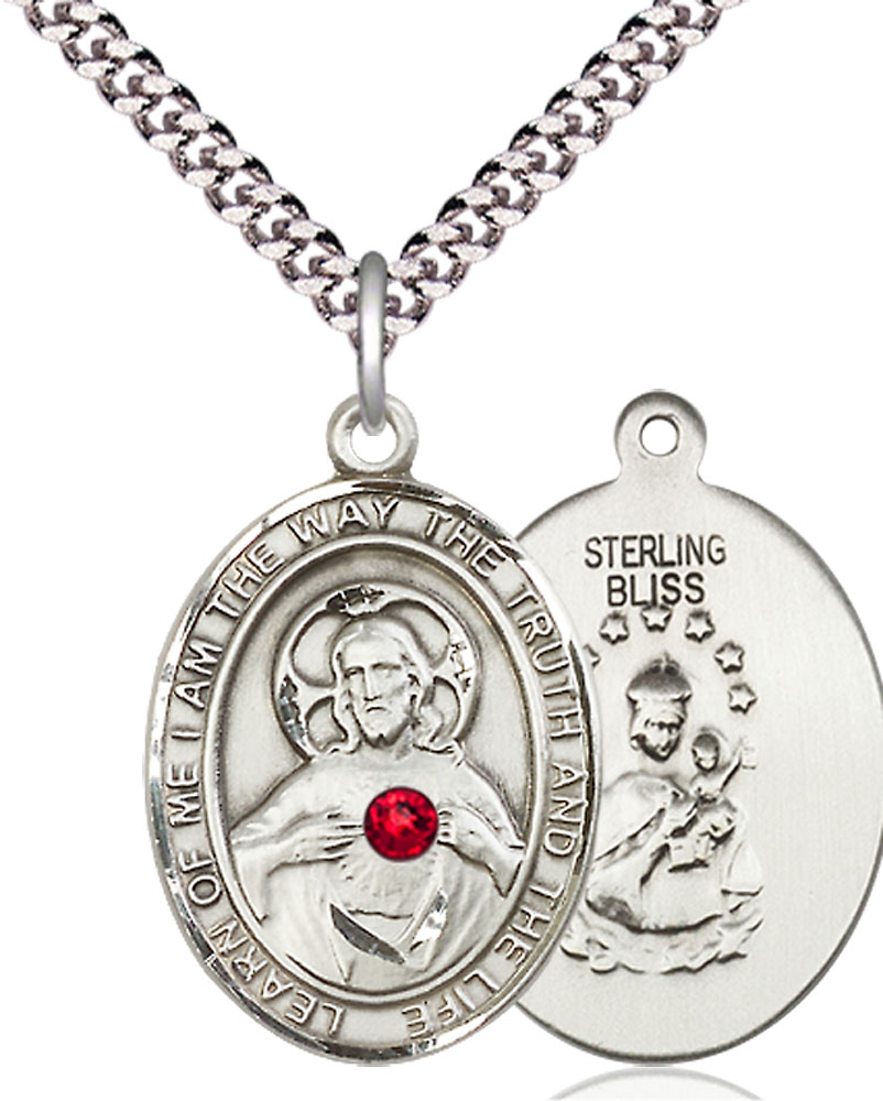 Sterling Silver Scapular - Ruby Stone Pendant with a 3mm Ruby Swarovski stone on a 24 inch Light Rhodium Heavy Curb chain