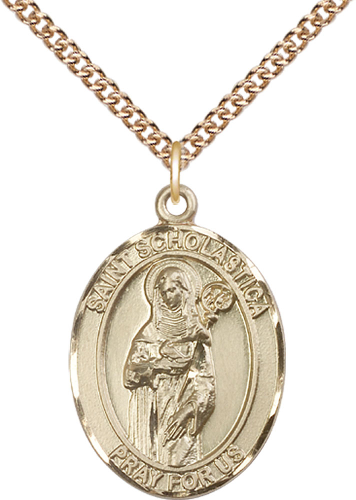 14kt Gold Filled Saint Scholastica Pendant on a 24 inch Gold Filled Heavy Curb chain