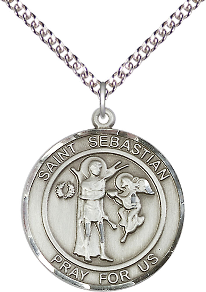 Sterling Silver Saint Sebastian Pendant on a 24 inch Sterling Silver Heavy Curb chain