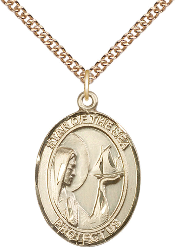 14kt Gold Filled Our Lady Star of the Sea Pendant on a 24 inch Gold Filled Heavy Curb chain