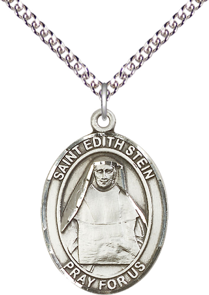 Sterling Silver Saint Edith Stein Pendant on a 24 inch Sterling Silver Heavy Curb chain