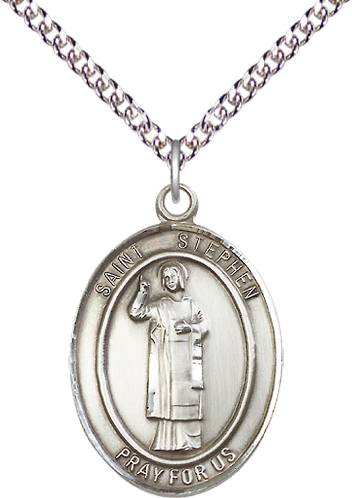 Sterling Silver Saint Stephen the Martyr Pendant on a 24 inch Sterling Silver Heavy Curb chain