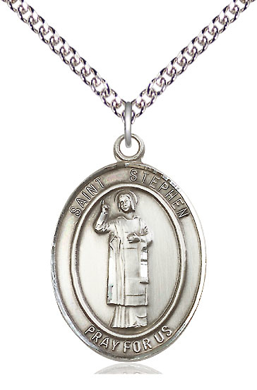 Sterling Silver Saint Stephen the Martyr Pendant on a 24 inch Sterling Silver Heavy Curb chain