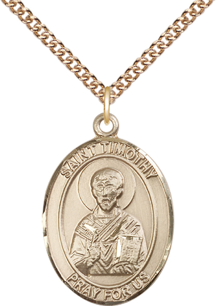 14kt Gold Filled Saint Timothy Pendant on a 24 inch Gold Filled Heavy Curb chain