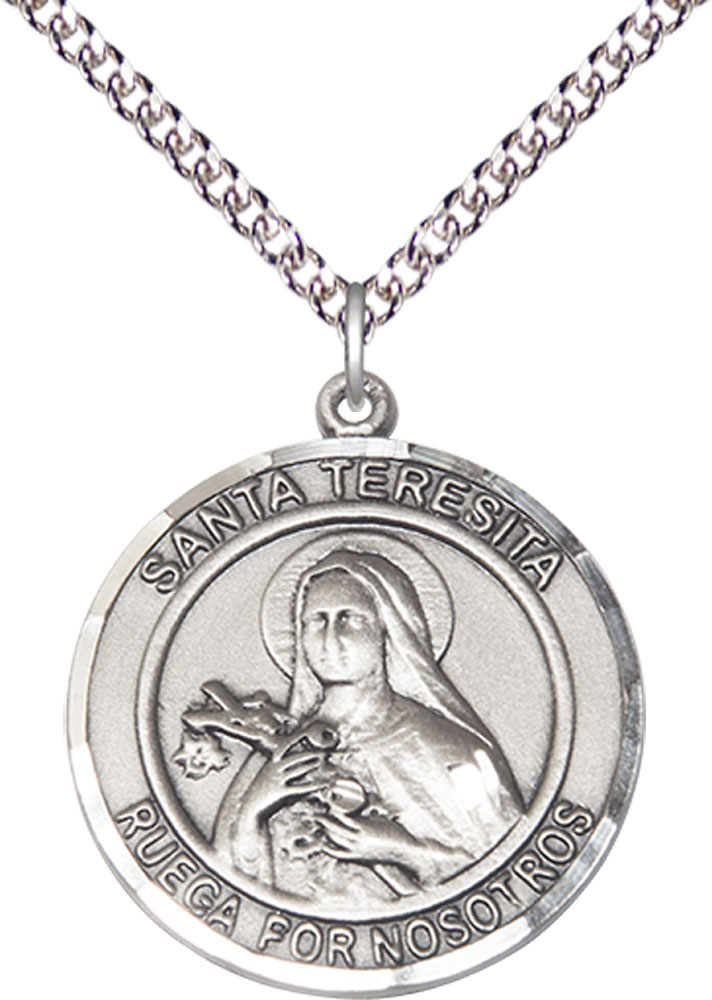 Sterling Silver Santa Teresita Pendant on a 24 inch Sterling Silver Heavy Curb chain