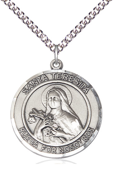 Sterling Silver Santa Teresita Pendant on a 24 inch Sterling Silver Heavy Curb chain