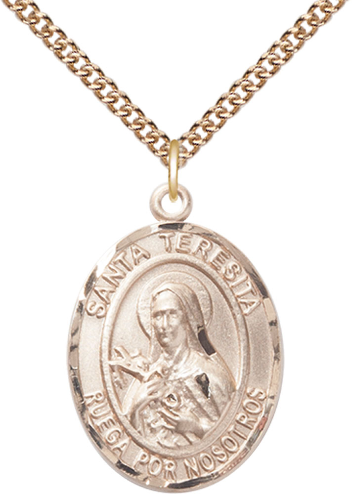 14kt Gold Filled Santa Teresita Pendant on a 24 inch Gold Filled Heavy Curb chain