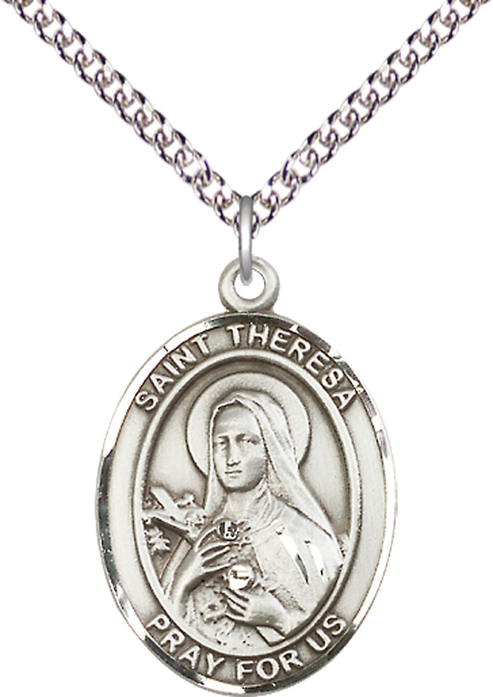 Sterling Silver Saint Theresa Pendant on a 24 inch Sterling Silver Heavy Curb chain