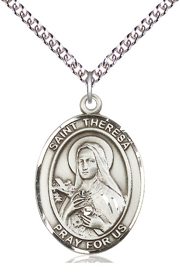 Sterling Silver Saint Theresa Pendant on a 24 inch Sterling Silver Heavy Curb chain