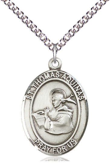 Sterling Silver Saint Thomas Aquinas Pendant on a 24 inch Sterling Silver Heavy Curb chain