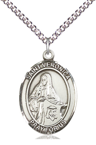 Sterling Silver Saint Veronica Pendant on a 24 inch Sterling Silver Heavy Curb chain
