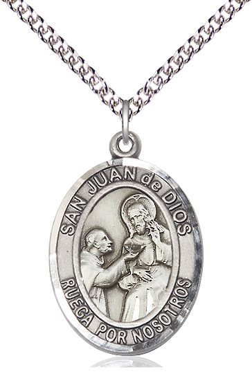 Sterling Silver San Juan de Dios Pendant on a 24 inch Sterling Silver Heavy Curb chain