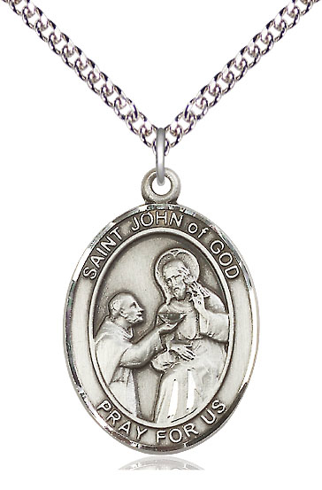 Sterling Silver Saint John of God Pendant on a 24 inch Sterling Silver Heavy Curb chain