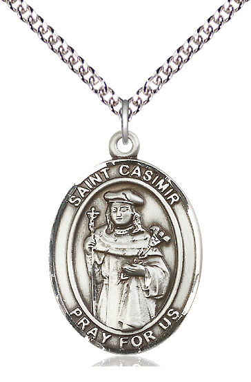 Sterling Silver Saint Casimir of Poland Pendant on a 24 inch Sterling Silver Heavy Curb chain