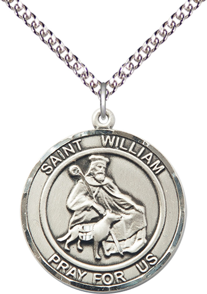 Sterling Silver Saint William of Rochester Pendant on a 24 inch Sterling Silver Heavy Curb chain