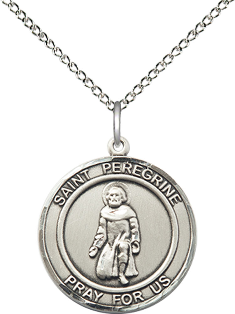 Sterling Silver Saint Peregrine Pendant on a 18 inch Sterling Silver Light Curb chain