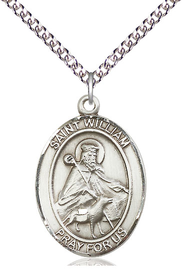 Sterling Silver Saint William of Rochester Pendant on a 24 inch Sterling Silver Heavy Curb chain
