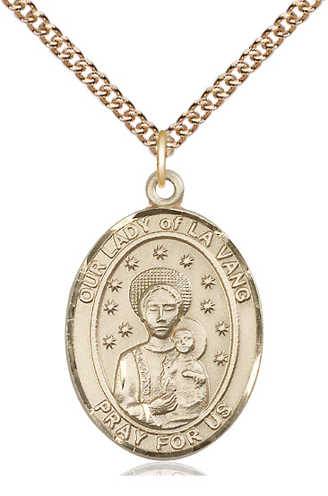 14kt Gold Filled Our Lady of la Vang Pendant on a 24 inch Gold Filled Heavy Curb chain