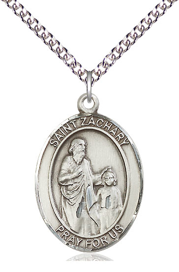 Sterling Silver Saint Zachary Pendant on a 24 inch Sterling Silver Heavy Curb chain