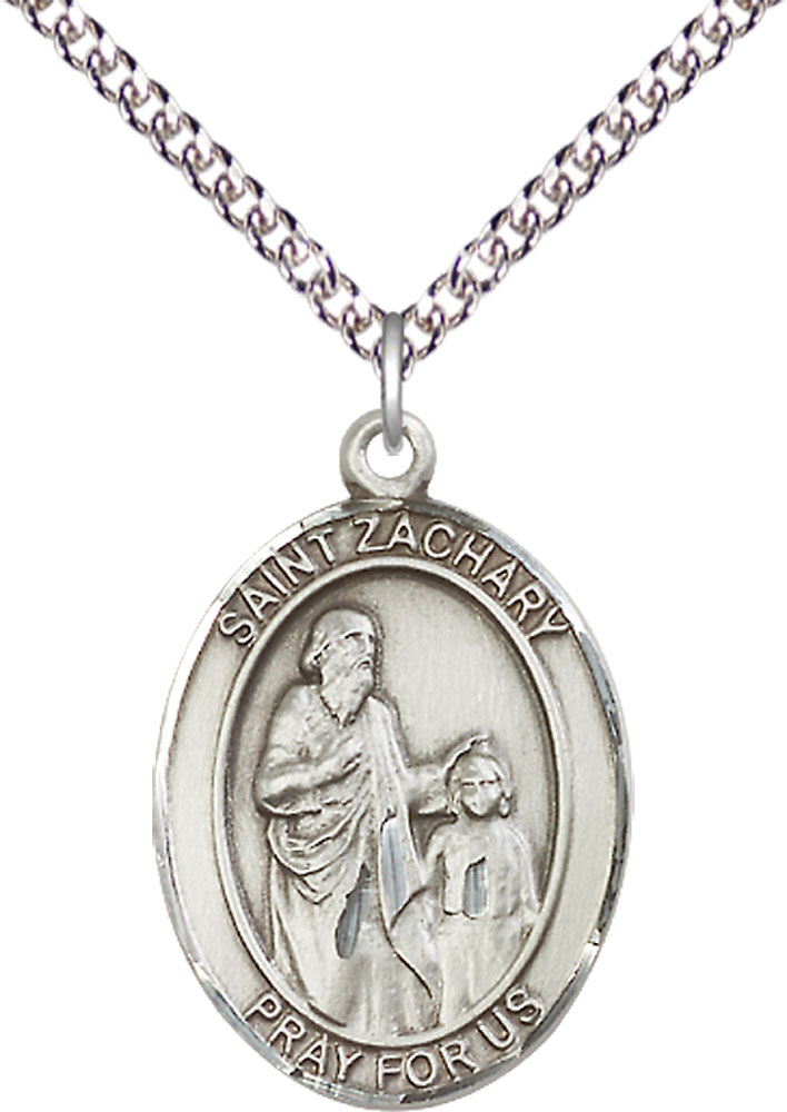 Sterling Silver Saint Zachary Pendant on a 24 inch Sterling Silver Heavy Curb chain