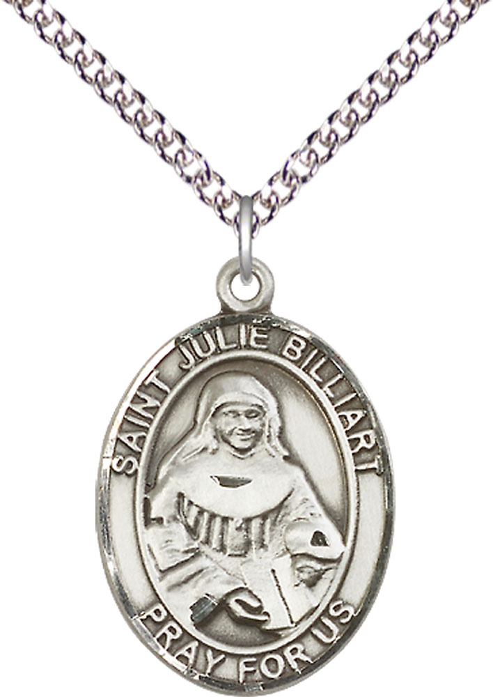 Sterling Silver Saint Julie Billiart Pendant on a 24 inch Sterling Silver Heavy Curb chain