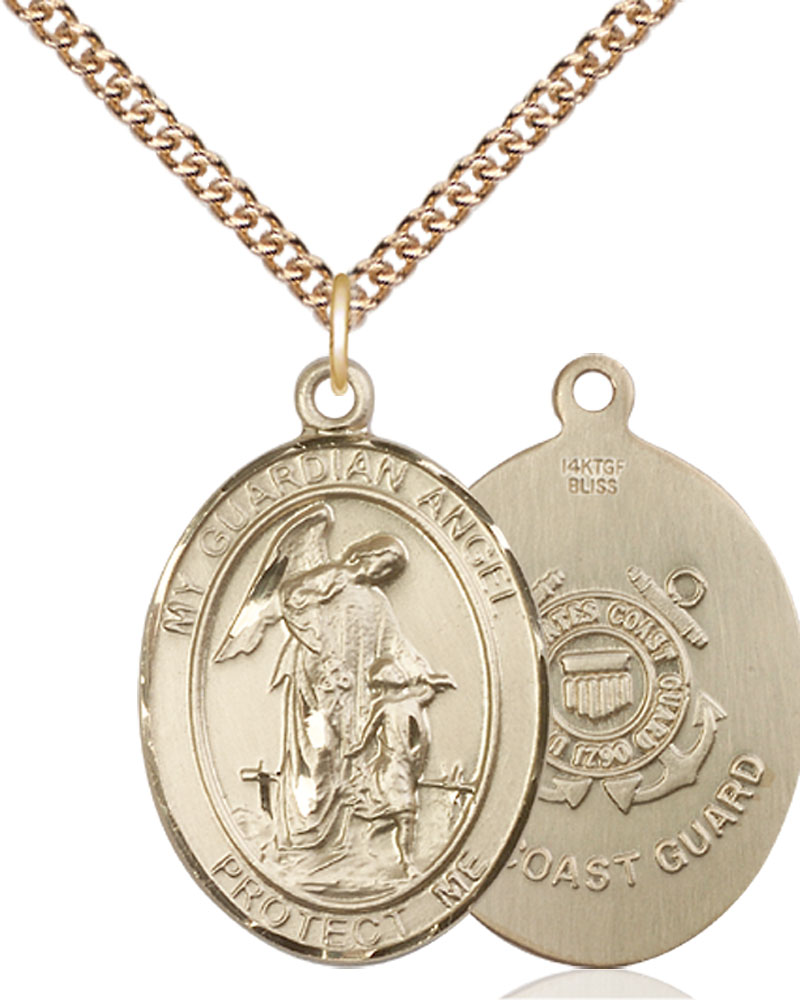 14kt Gold Filled Guardian Angel Coast Guard Pendant on a 24 inch Gold Filled Heavy Curb chain