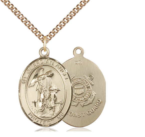 14kt Gold Filled Guardian Angel Coast Guard Pendant on a 24 inch Gold Filled Heavy Curb chain