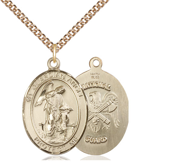 14kt Gold Filled Guardian Angel National Guard Pendant on a 24 inch Gold Filled Heavy Curb chain