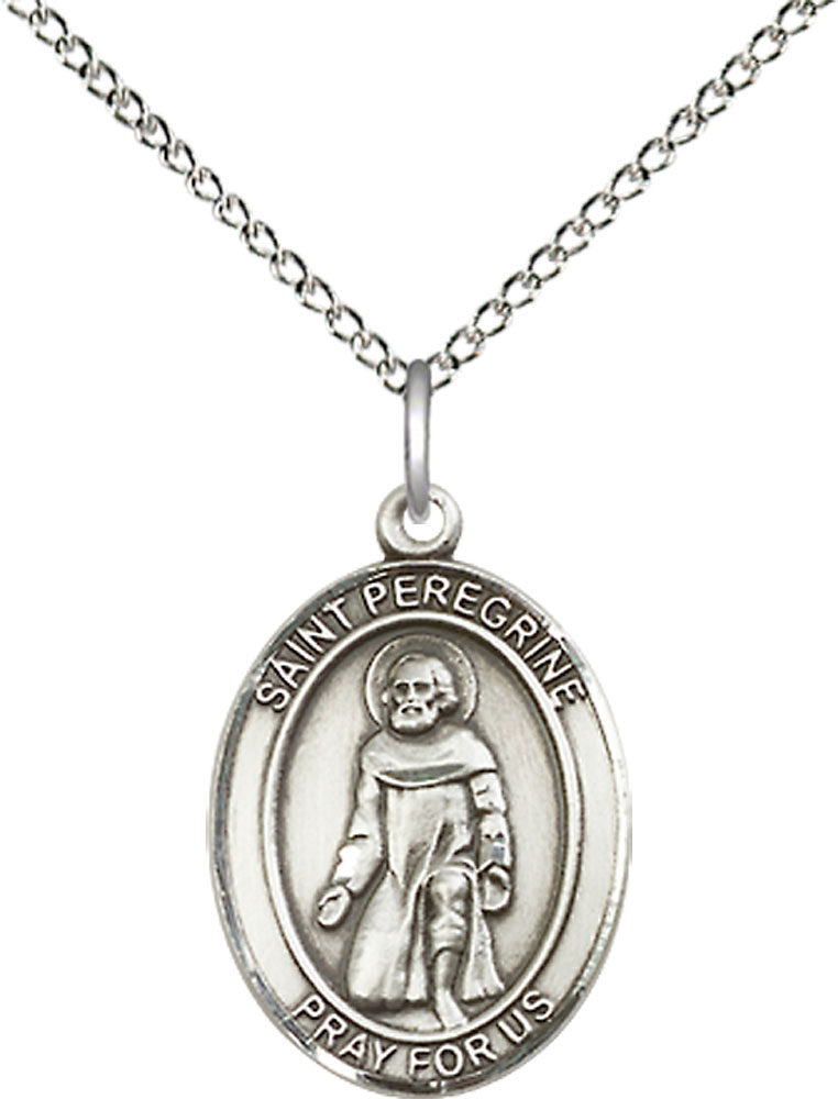 Sterling Silver Saint Peregrine Laziosi Pendant on a 18 inch Sterling Silver Light Curb chain