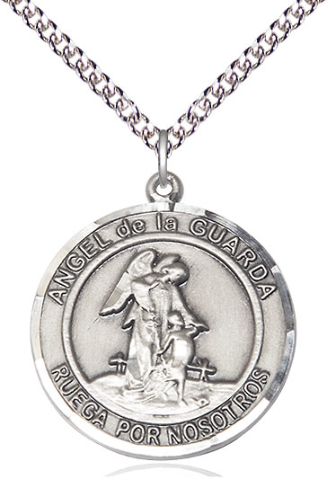 Sterling Silver Angel de la Guarda Pendant on a 24 inch Sterling Silver Heavy Curb chain