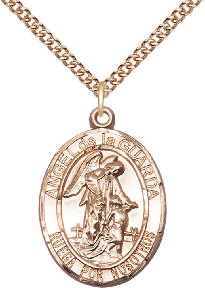14kt Gold Filled Angel de la Guarda Pendant on a 24 inch Gold Filled Heavy Curb chain