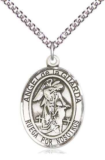 Sterling Silver Angel de la Guarda Pendant on a 24 inch Sterling Silver Heavy Curb chain