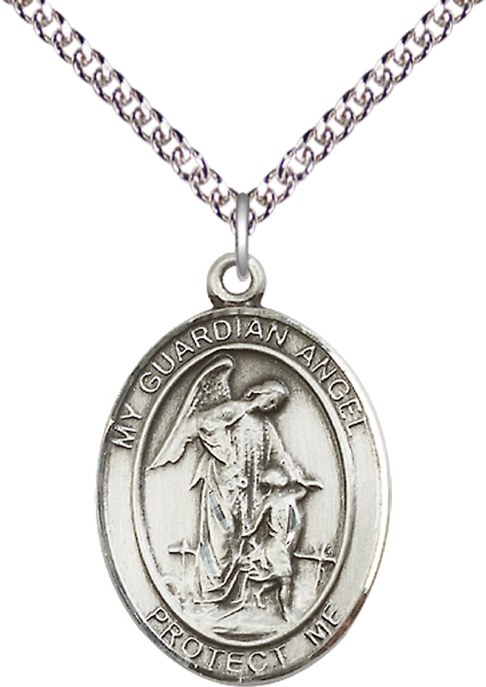 Sterling Silver Guardian Angel w/Child Pendant on a 24 inch Sterling Silver Heavy Curb chain