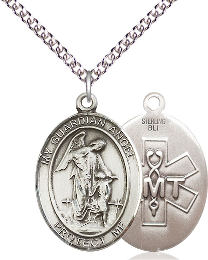 Sterling Silver Guardian Angel EMT Pendant on a 24 inch Sterling Silver Heavy Curb chain