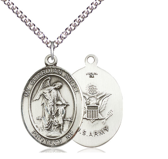 Sterling Silver Guardian Angel Army Pendant on a 24 inch Sterling Silver Heavy Curb chain