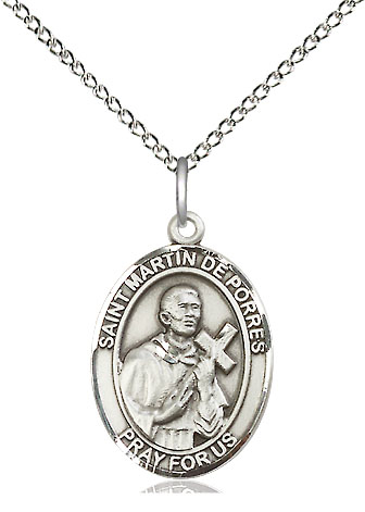 Sterling Silver Saint Martin de Porres Pendant on a 18 inch Sterling Silver Light Curb chain