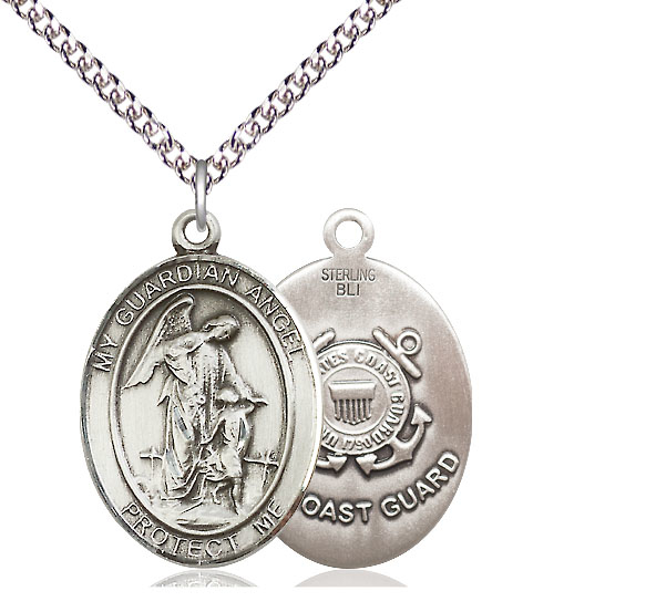 Sterling Silver Guardian Angel Coast Guard Pendant on a 24 inch Sterling Silver Heavy Curb chain