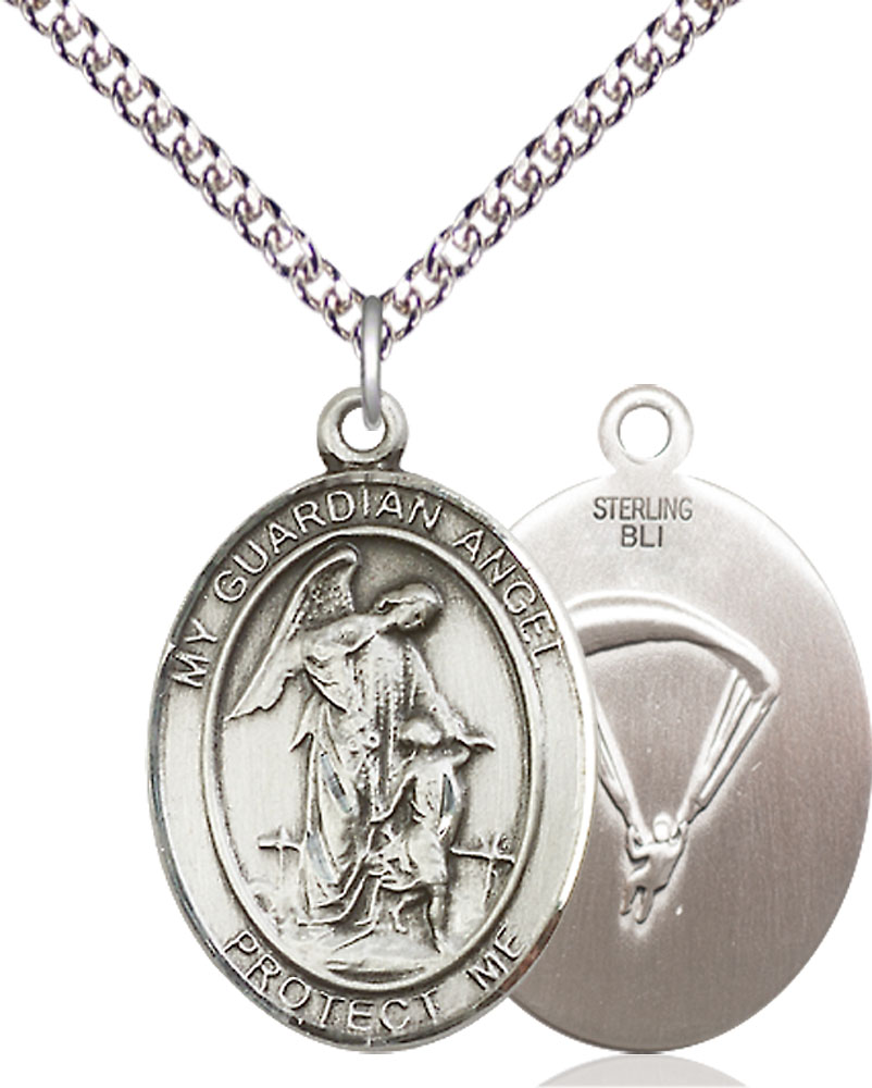 Sterling Silver Guardian Angel Paratrooper Pendant on a 24 inch Sterling Silver Heavy Curb chain