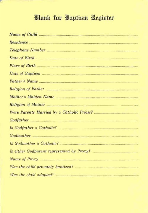 Baptismal Register Blanks (Pad Of 50)