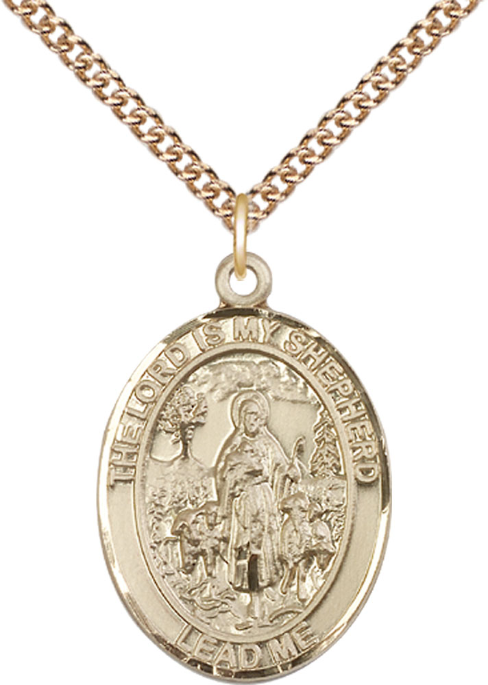 14kt Gold Filled Lord Is My Shepherd Pendant on a 24 inch Gold Filled Heavy Curb chain