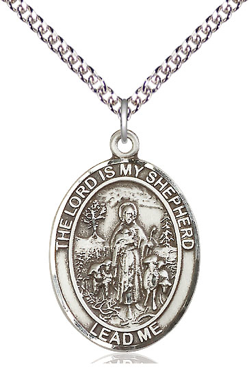 Sterling Silver Lord Is My Shepherd Pendant on a 24 inch Sterling Silver Heavy Curb chain