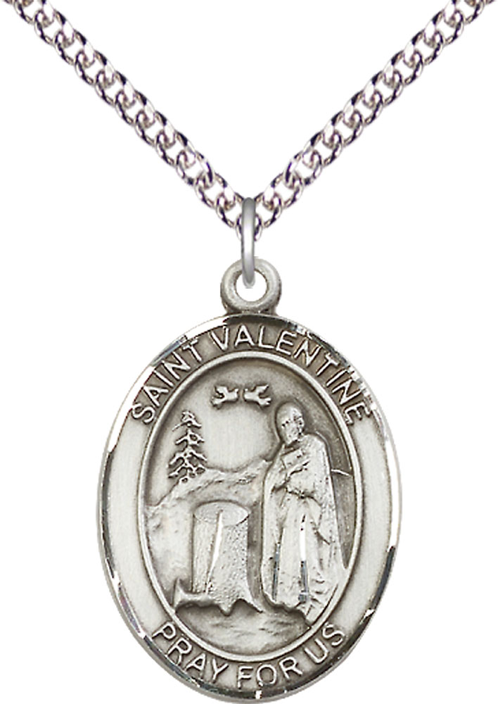 Sterling Silver Saint Valentine of Rome Pendant on a 24 inch Sterling Silver Heavy Curb chain